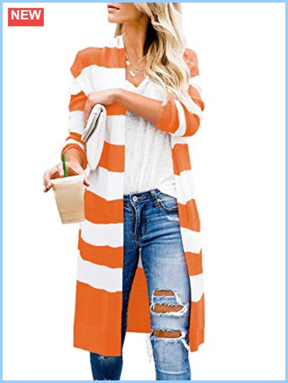 Women's Long Color Block Cardigan Sweater Open Front Knee Length Loose